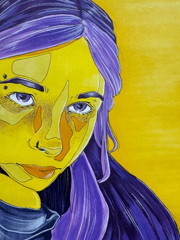 Self-portrait, purple and yellow face, detail of color theory project by <a href='http://bxik.achador.net'>十大彩票平台</a> fine arts major, Sarah Wojnarowski